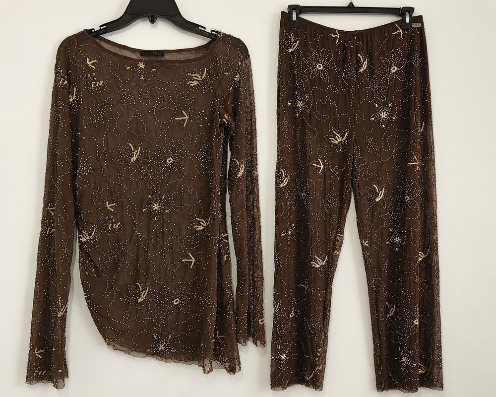Zara Viral Sheer Beaded Sequin Matching Set Shirt Pants Womens Large
